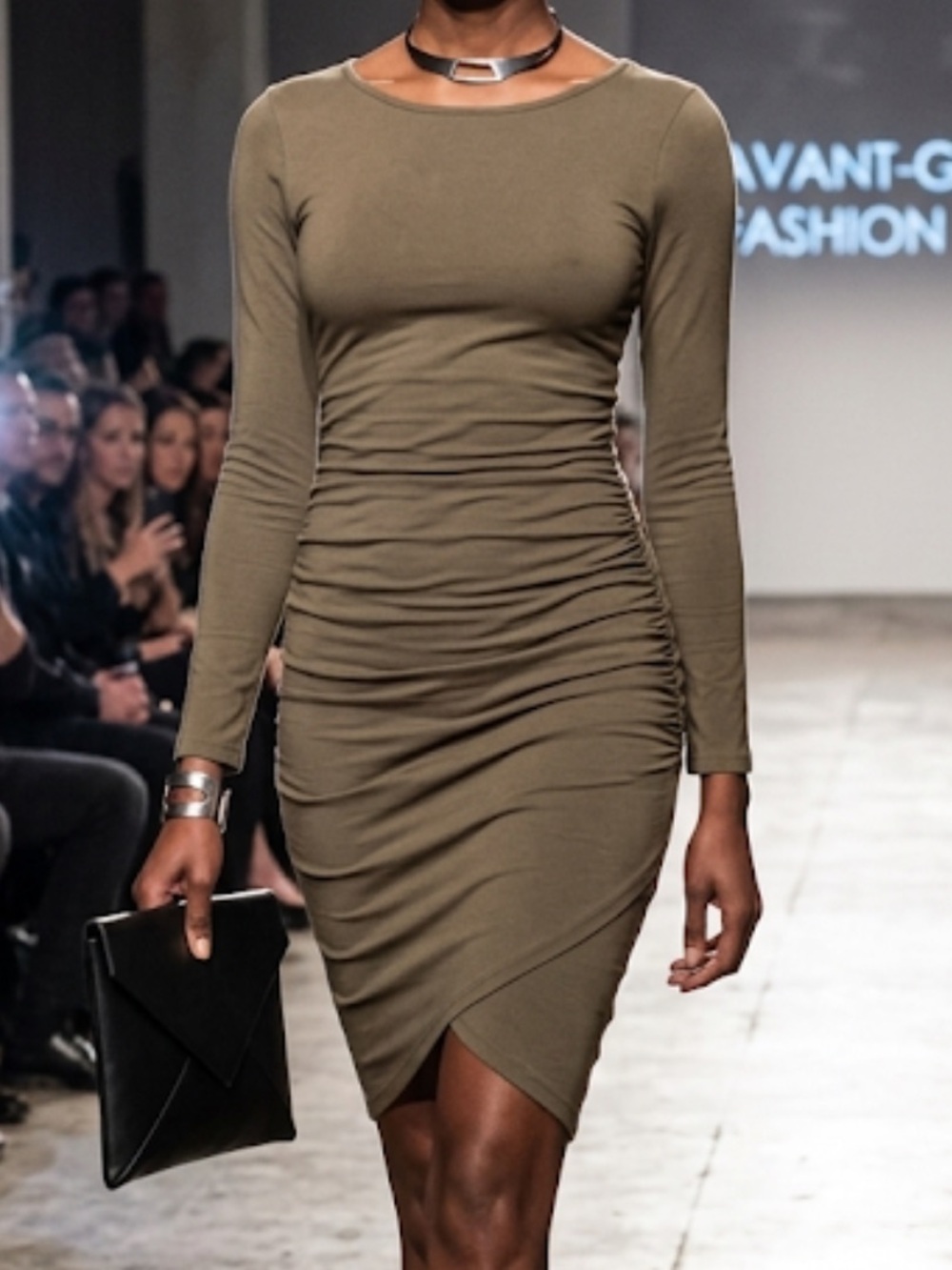 Missufe Bodycon Olive Green Cotton Blend Long Sleeve Ruched Dress Size XS